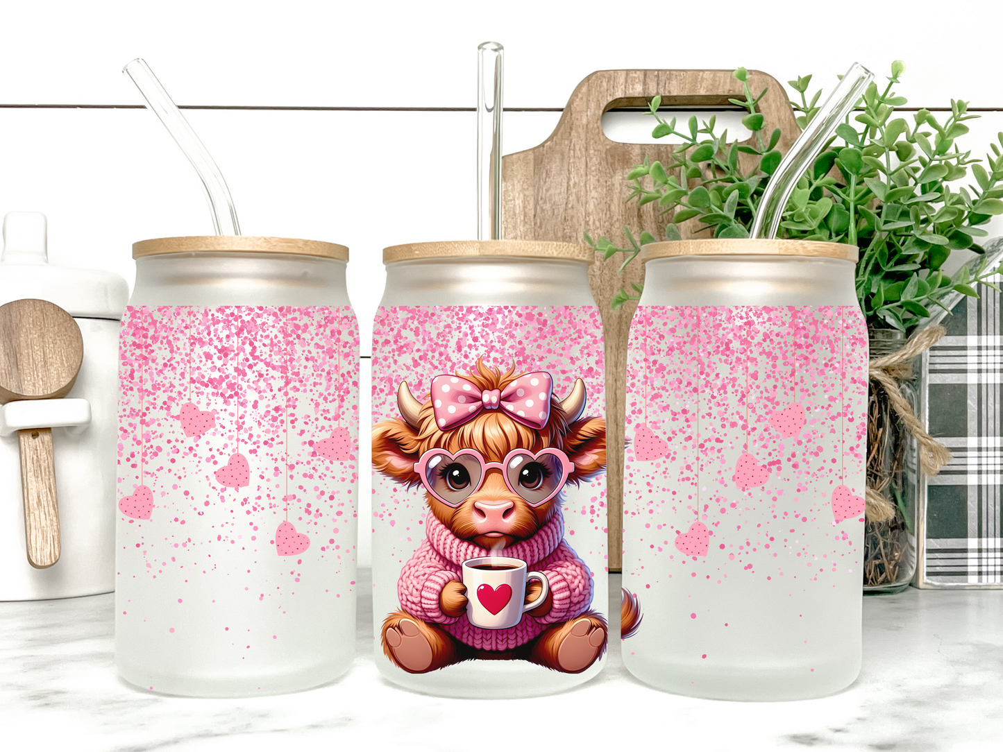 Pink Valentines Day Highland Cow Love Libbey Glass Tumbler