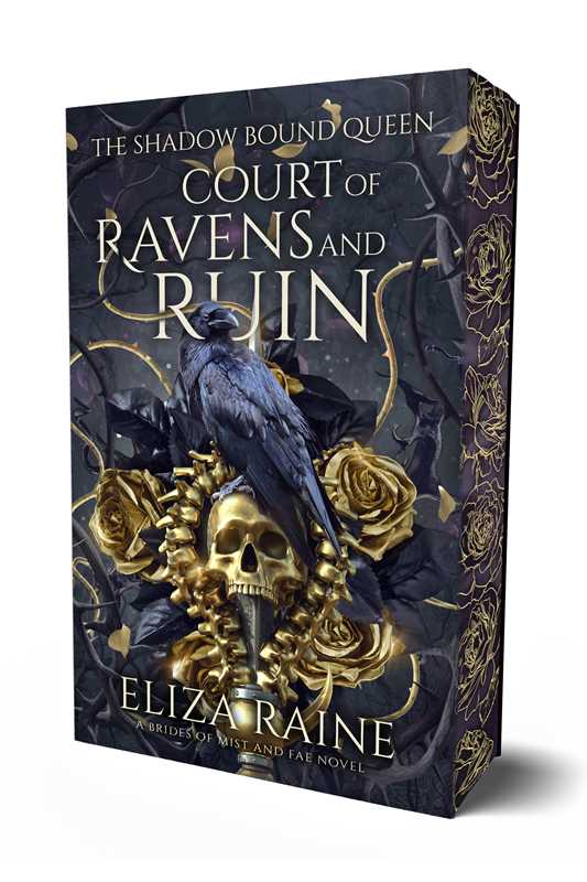 Book cover of 'Court of Ravens and Ruin' by Eliza Raine with dark and ornate design.
