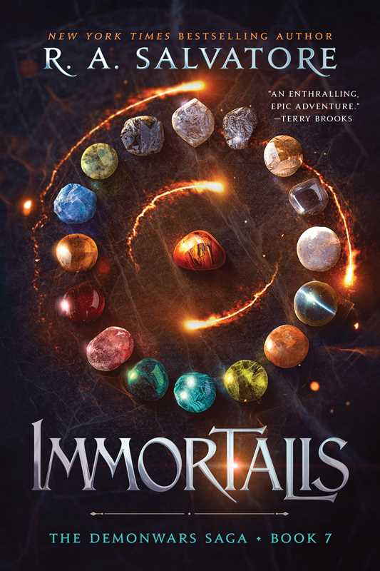 Book cover of 'Immortals' by R.A. Salvatore with colorful gemstones and dark background