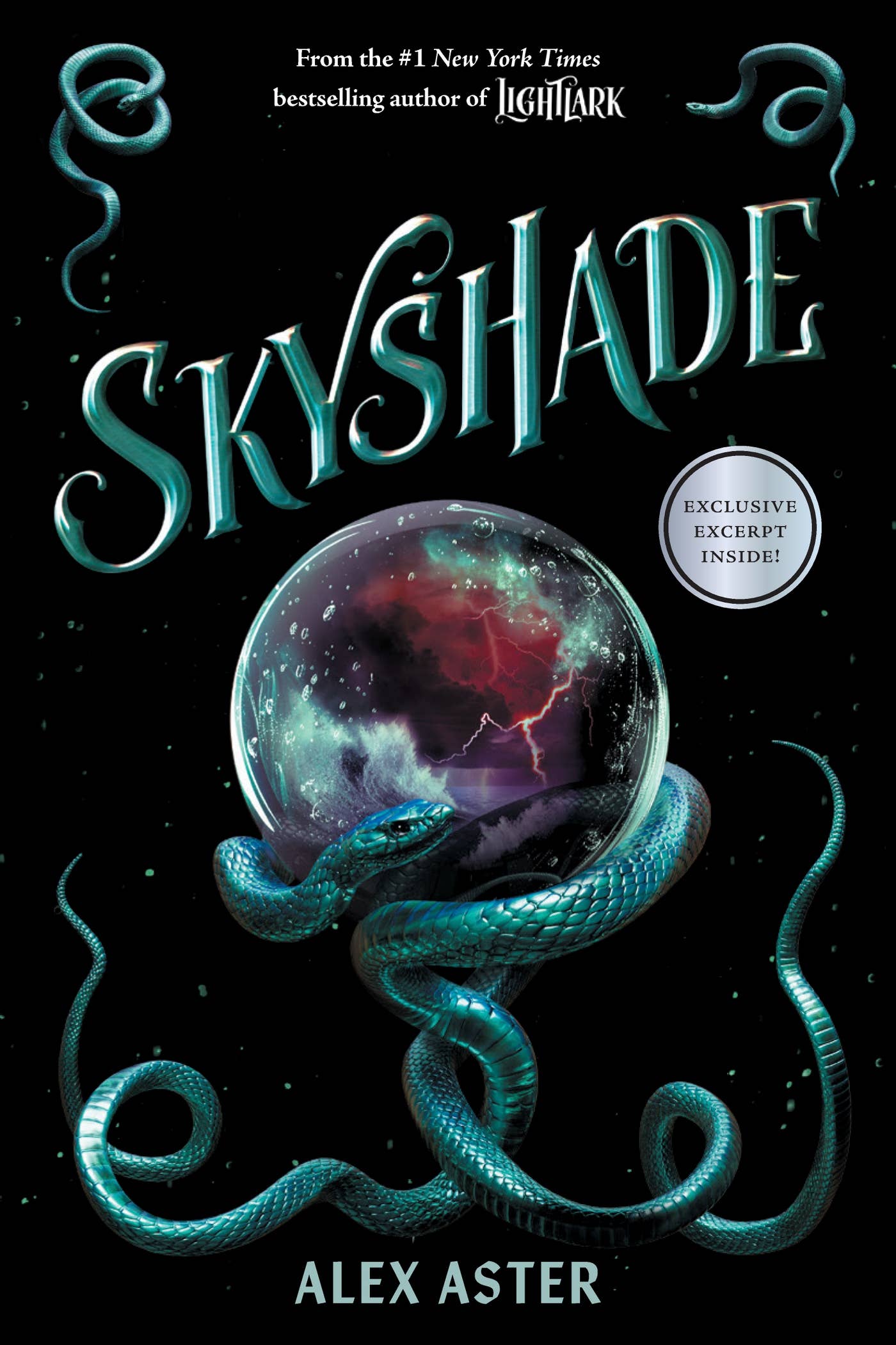 Book cover of 'Skyshade' by Alex Aster with a snake and crystal ball design on a dark background.
