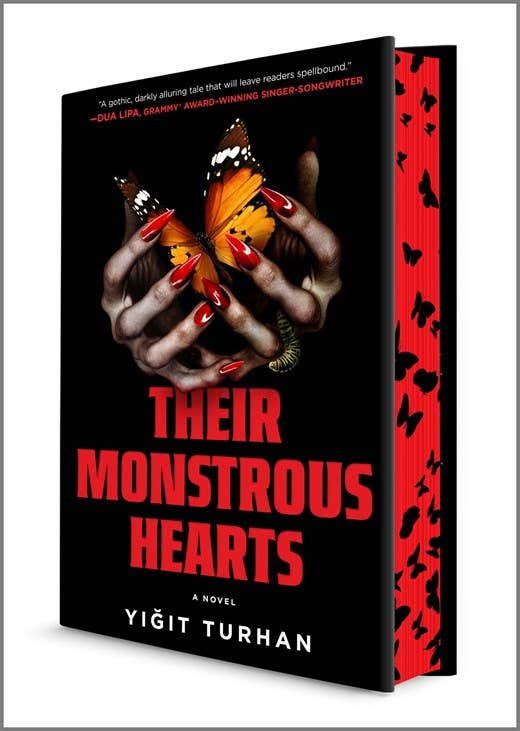 Book cover of 'Their Monstrous Hearts' with a hand holding a butterfly on a black background