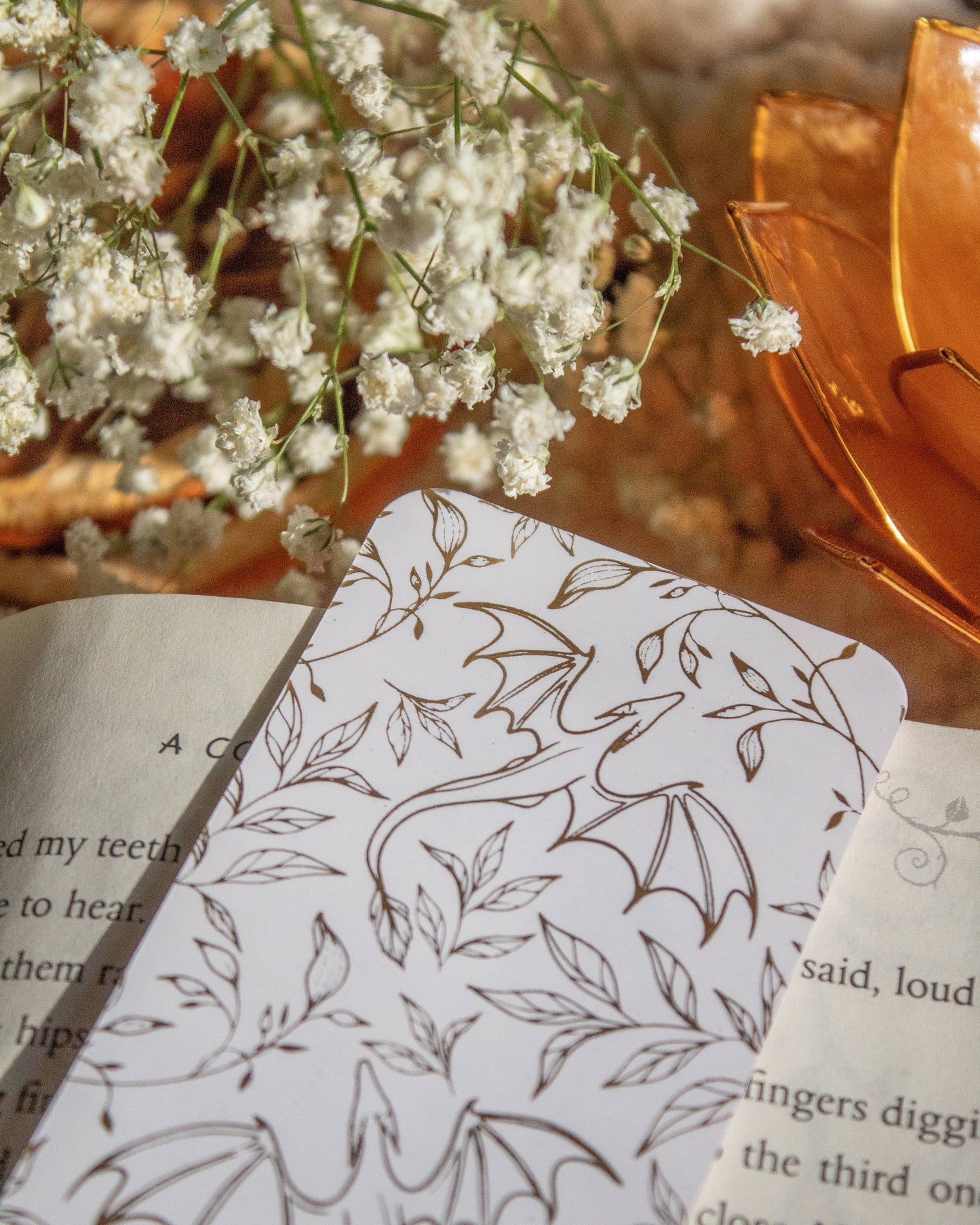Gold Foil and White Floral Dragons Foil Bookmark