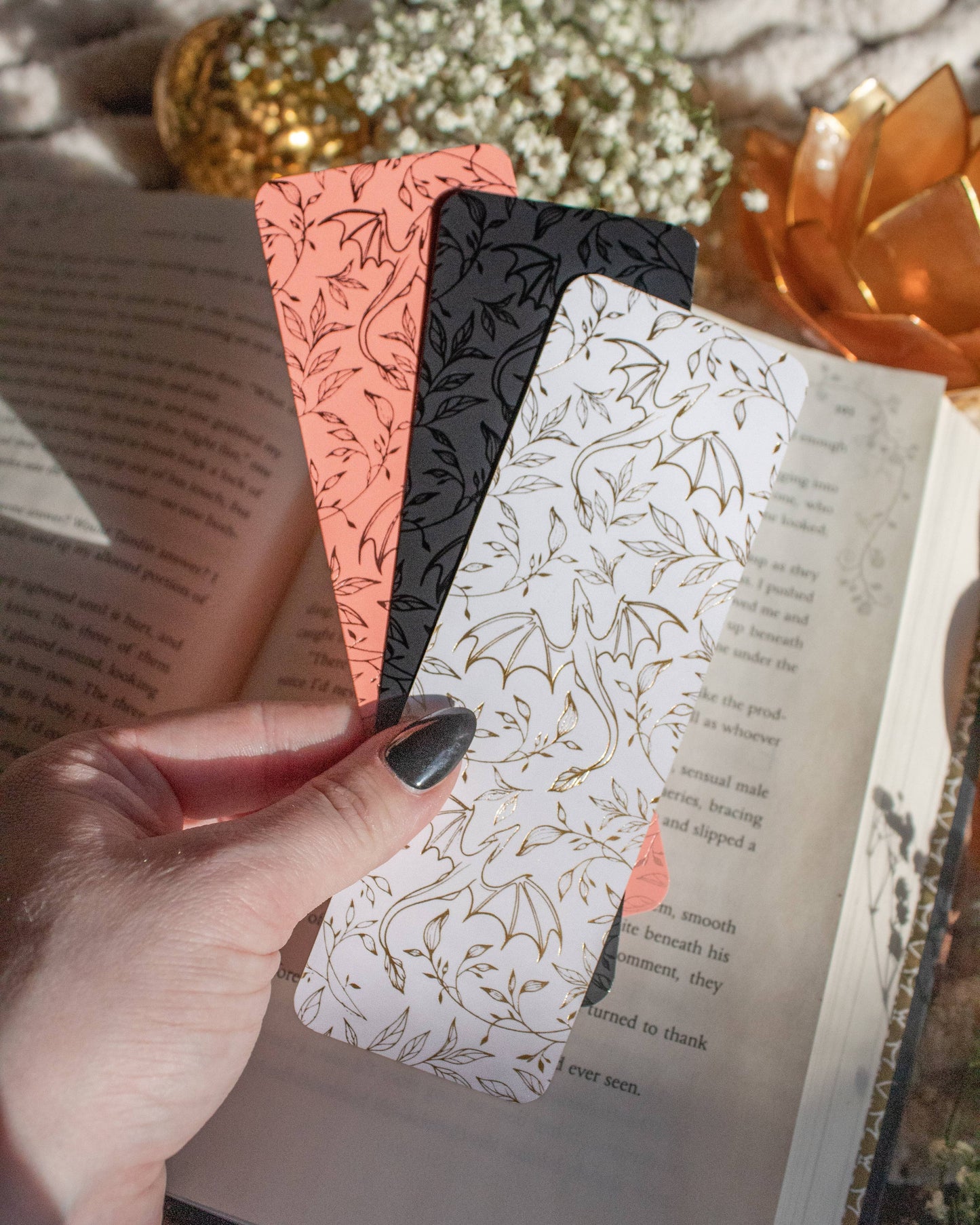 Black on Black Floral Dragons Foil Bookmark