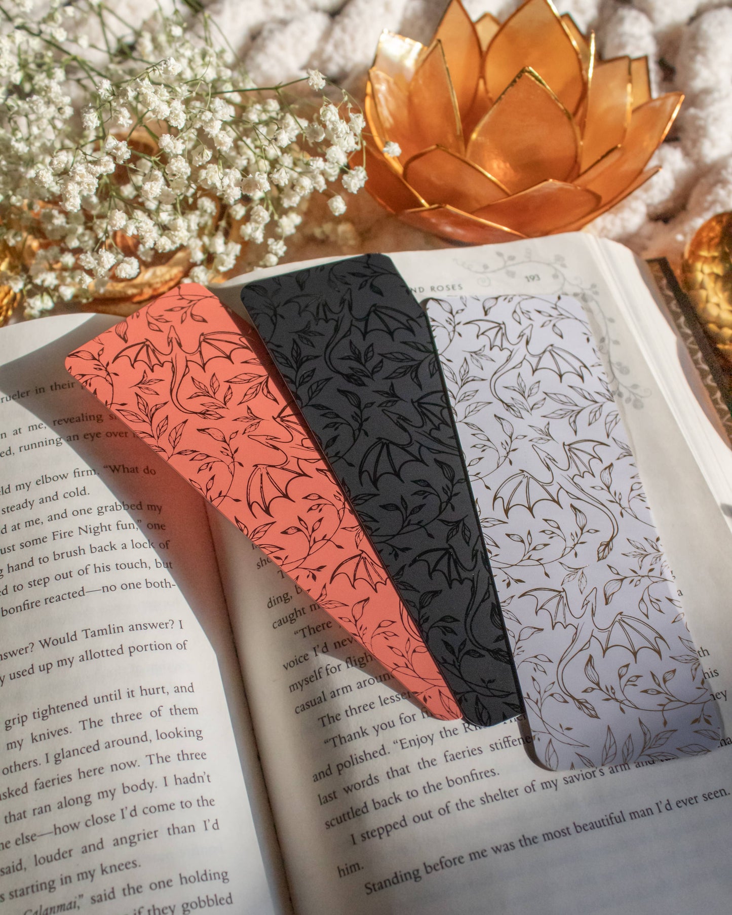 Gold Foil and White Floral Dragons Foil Bookmark