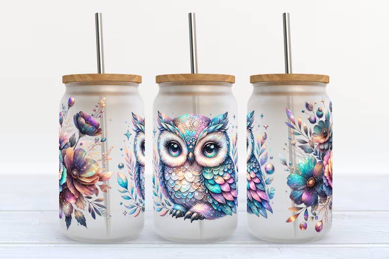Multi Colored Owl 16oz Frosted Glass Tumbler