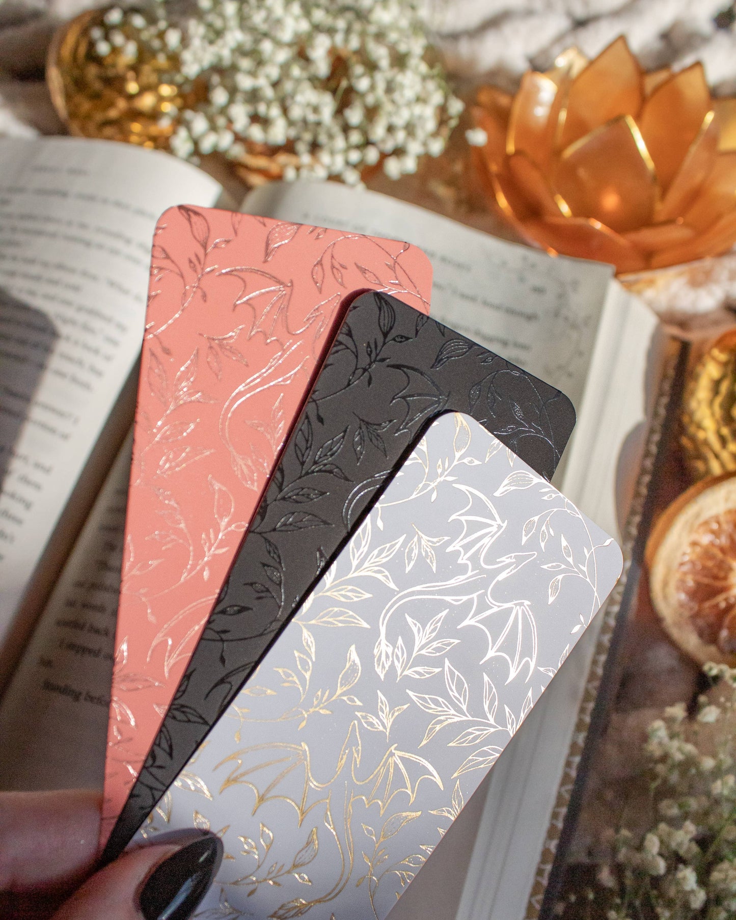 Black on Black Floral Dragons Foil Bookmark
