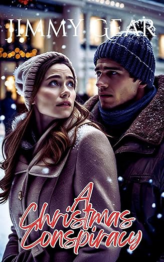 The image depicts the cover of the book titled "A Christmas Conspiracy" by Jimmy Gear. It features two main characters, a man and a woman, in a wintery setting with snow falling.
