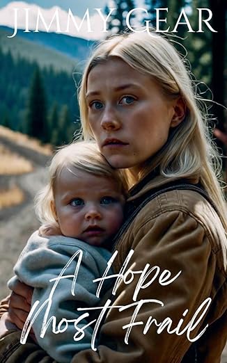The cover of the book 'A Hope Most Frail' featuring a woman holding a baby in a mountainous setting.