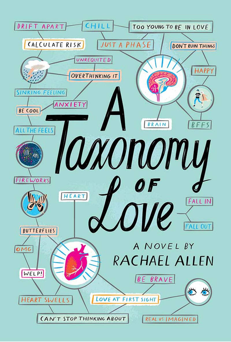 Book cover of 'A Taxonomy of Love' by Rachael Allen with neurological and emotional icons.