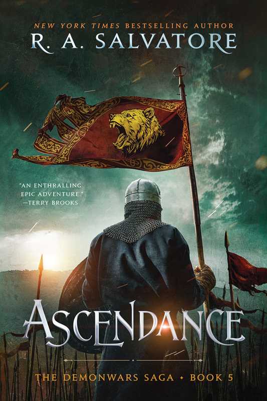 Book cover of 'Ascendance' by R.A. Salvatore featuring a character with a flag and sunset.