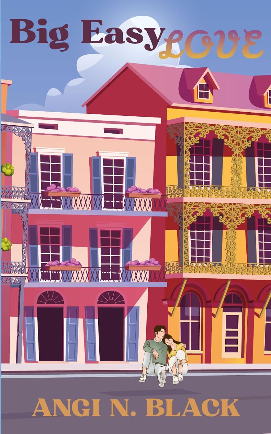 Book cover of 'Big Easy Love' by Angi N. Black with colorful houses and a couple on a street.