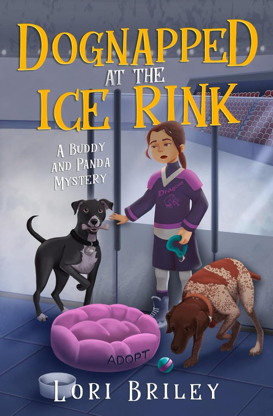 Book cover of 'Dognapped at the Ice Rink' featuring a girl with two dogs and a purple 'ADOPT' pillow.