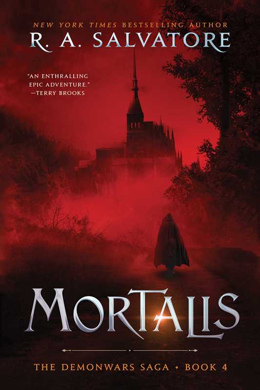 Book cover of 'Mortalis' by R.A. Salvatore with a red silhouette of a castle and hooded figure.