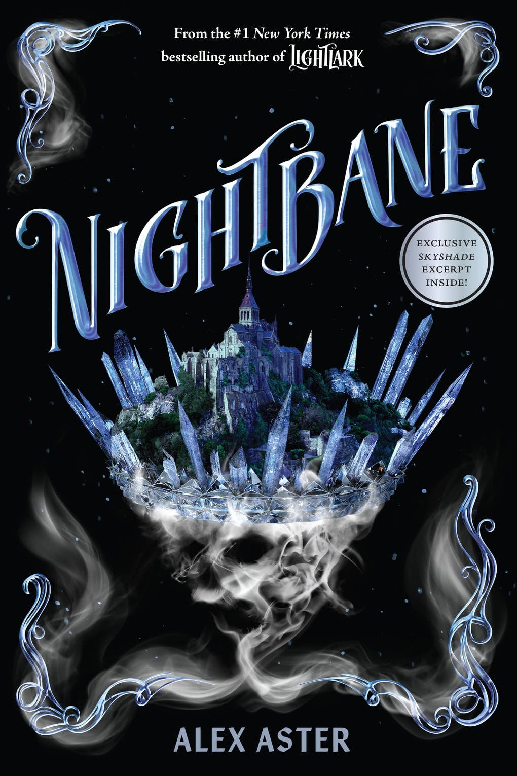 Book cover of 'Nightrbane' by Alex Aster with a dark background and icy castle illustration.