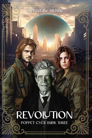 Book cover for 'Revolution' featuring three characters, with a cityscape in the background.