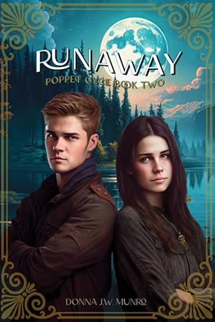 Book cover for 'Runaway' featuring two young adults, a male and a female, with a backdrop of a moonlit river scene.