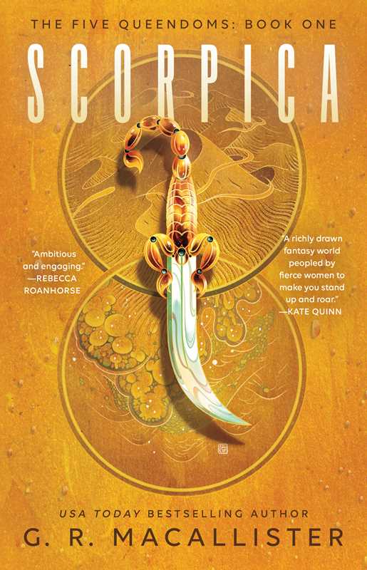 Book cover of 'Scorpica' with a scorpion emblem and G.R. Macallister's name on an orange background