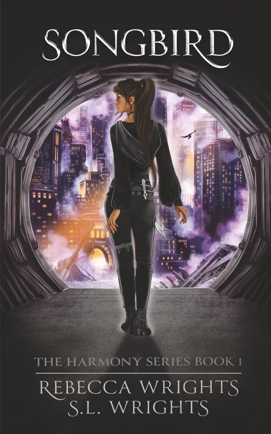 Book cover of 'Songbird' by Rebecca Wrights and S.L. Wrights, featuring a character looking out a futuristic window.