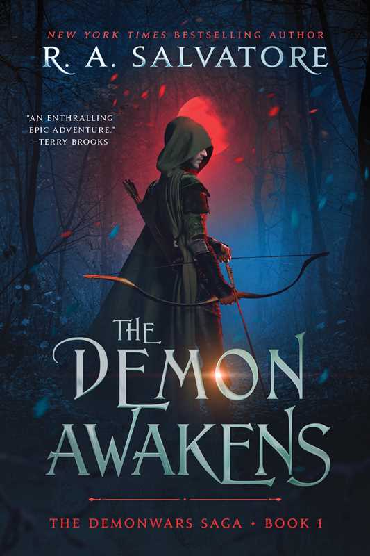 Book cover of 'The Demon Awakens' by R.A. Salvatore featuring a hooded figure with a bow in a forest.