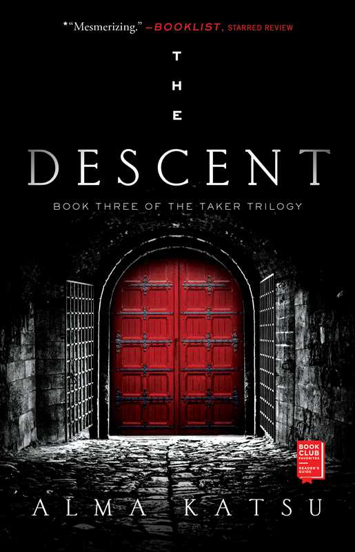 Book cover for 'The Descent' by Alma Katsu, featuring a dark stone archway with a vivid red double door in the center, set against a black background with white and red text.
