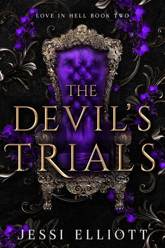 Book cover of 'The Devil's Trials' with ornate chair and purple accents on a dark background.