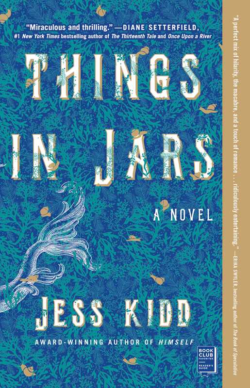 Book cover of 'Things in Jars' by Jess Kidd with a blue and gold design.