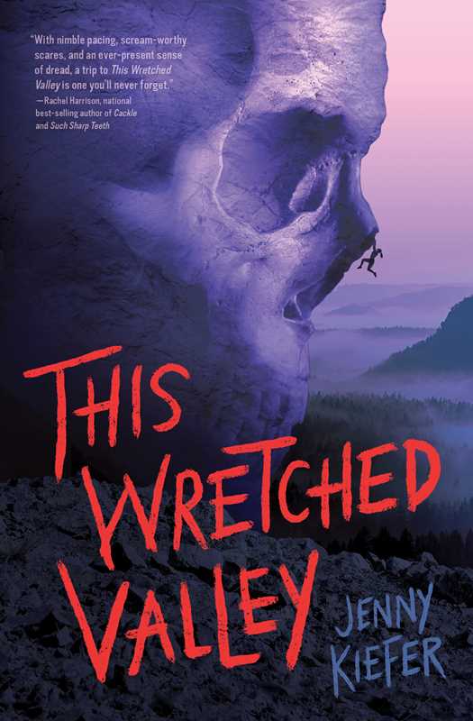 Book cover of 'This Wretched Valley' by Jenny Kiefer with a large purple face and person climbing.