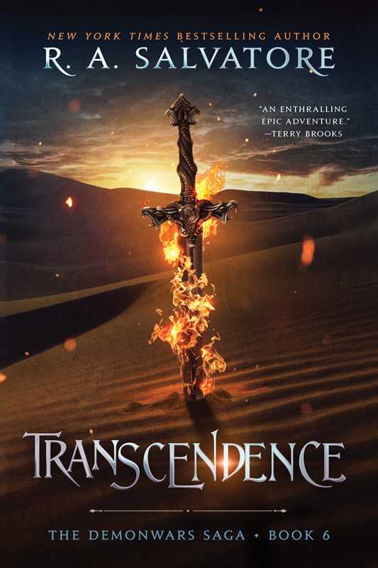 Book cover of 'Transcendence' by R.A. Salvatore with a sword on fire in a desert landscape.