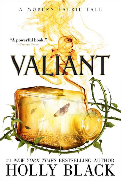 Book cover of 'Valiant' by Holly Black with a yellow liquid and butterfly design.