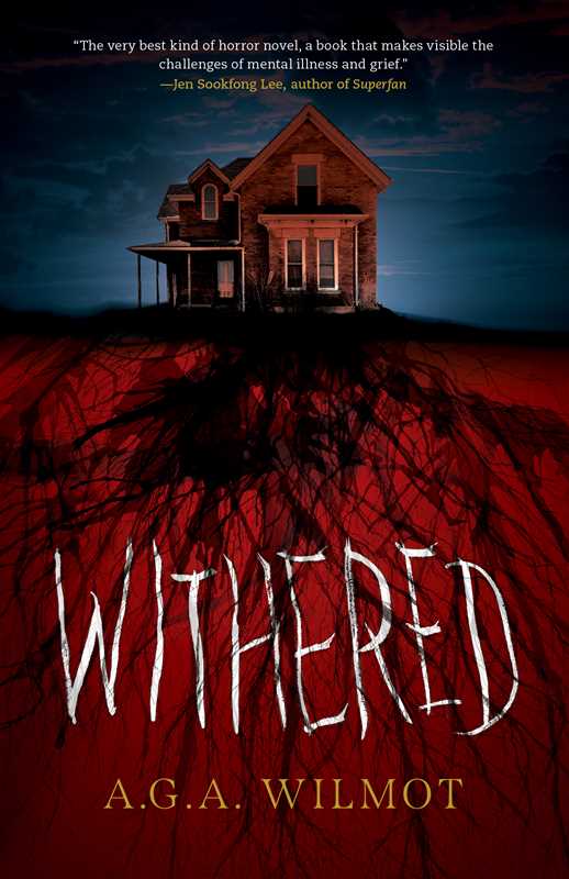 Book cover of 'Withered' with a dark house and red ground