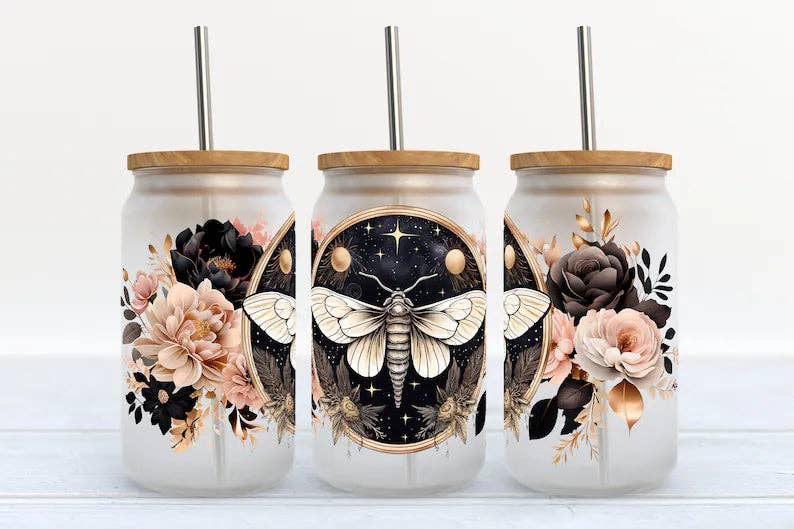 Moth with Flowers 16oz Libbey Glass Tumbler