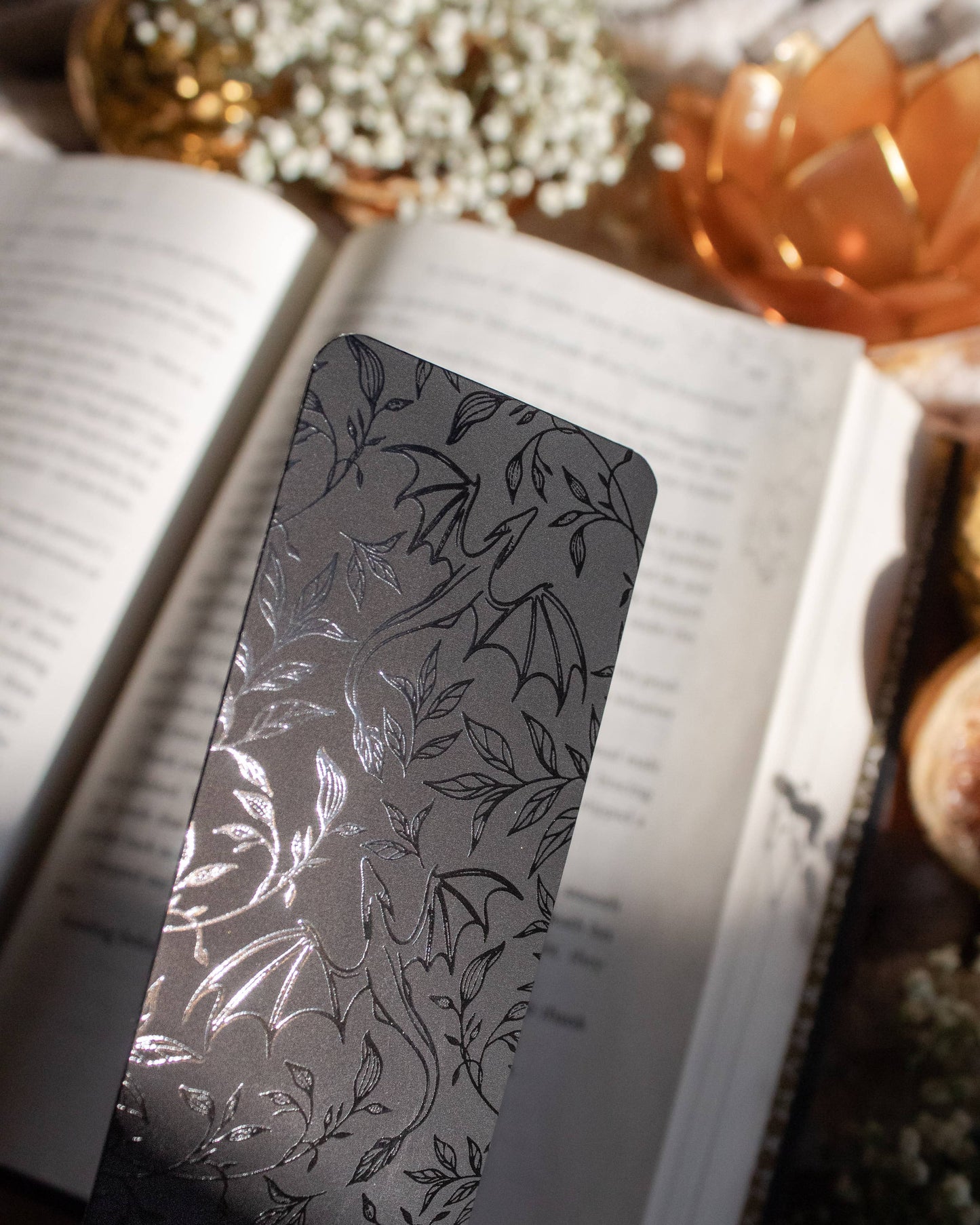 Black on Black Floral Dragons Foil Bookmark